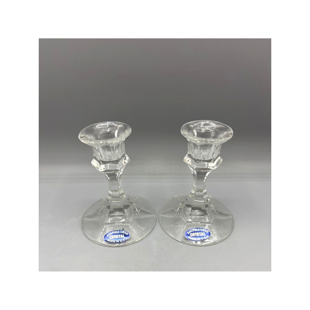 Vtg 24% Full Lead Crystal Candlestick Holders Pair Clear Glass USA‎ Made Decor